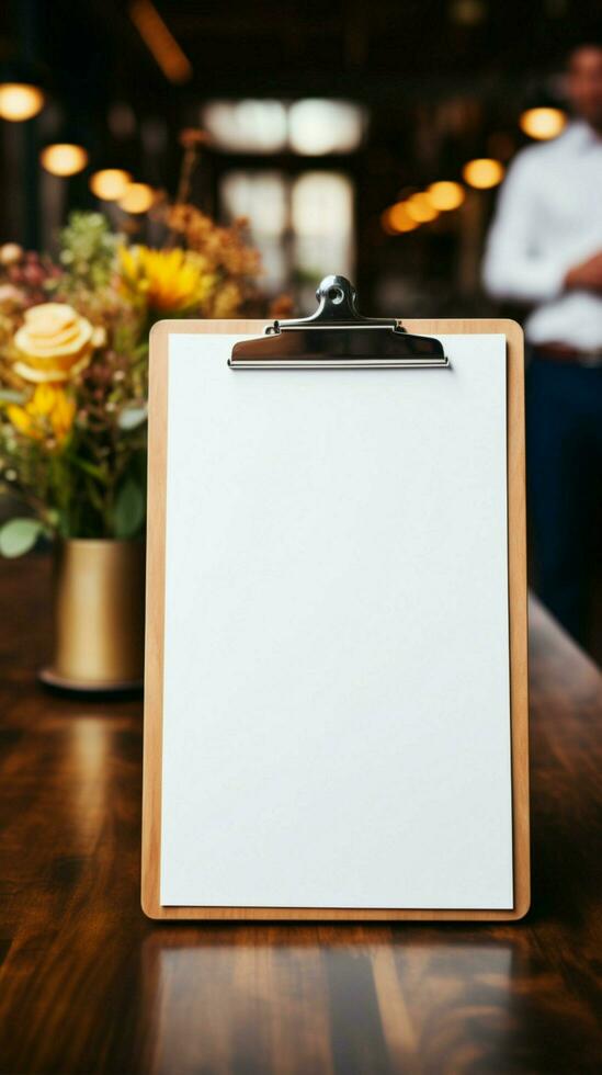 Grasp of professionalism Hand holds clipboard mock up in detailed close up Vertical Mobile Wallpaper AI Generated photo