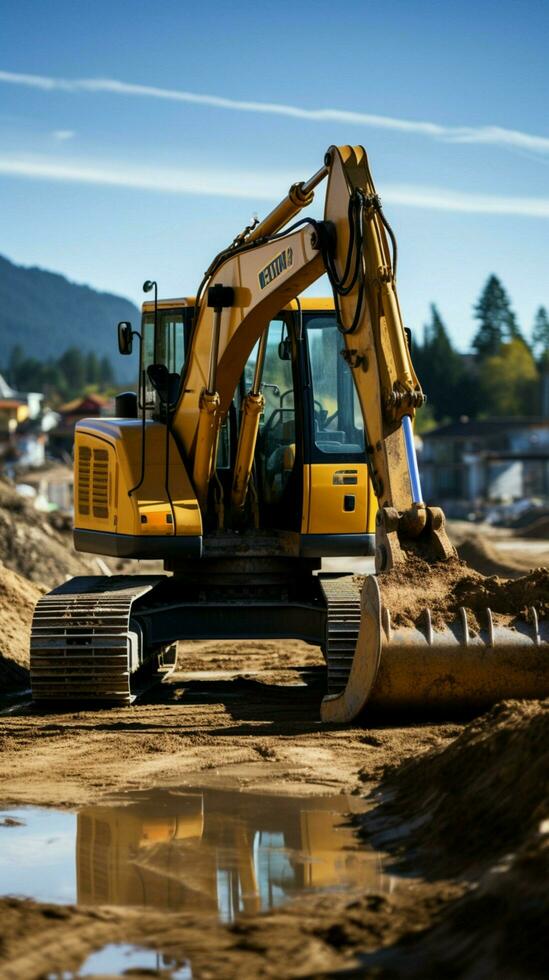 Heavy equipment in action Caterpillar excavator digs, overlooking construction site and concrete pipe. Vertical Mobile Wallpaper AI Generated photo