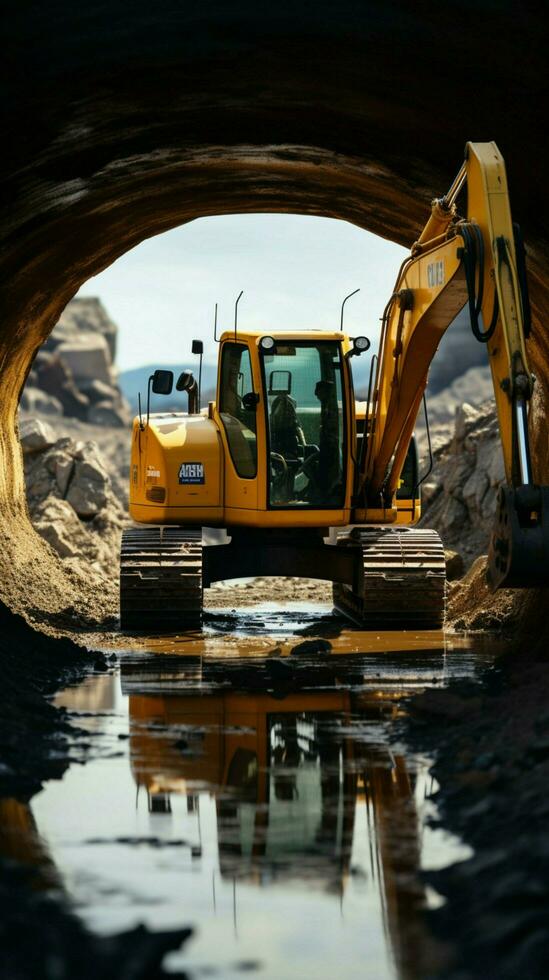 pesado equipo en acción oruga excavador alojamiento, con vista a construcción sitio y hormigón tubo. vertical móvil fondo de pantalla ai generado foto