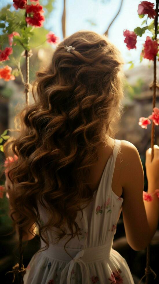 Amidst flowers, back view woman swings outdoors, her hair dancing in natures embrace Vertical Mobile Wallpaper AI Generated photo