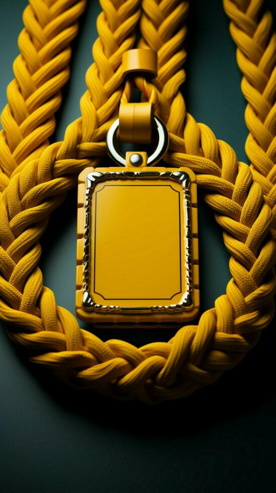 Identifying emblem Yellow cord, text, and room for name on badge Vertical Mobile Wallpaper AI Generated photo