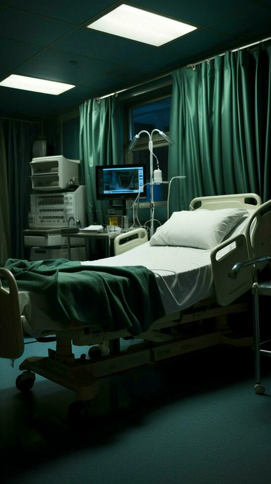 un desocupado hospital habitación contiene un solitario cama, vacío de humano presencia. vertical móvil fondo de pantalla ai generado foto
