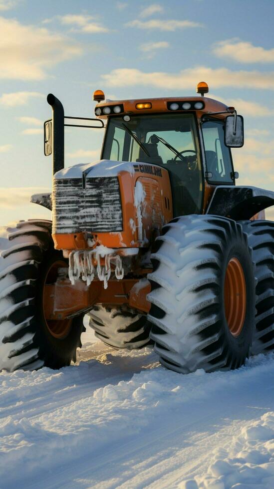 Kamchatka's snow removal tire machines battle winter's grip with unwavering determination. Vertical Mobile Wallpaper AI Generated photo