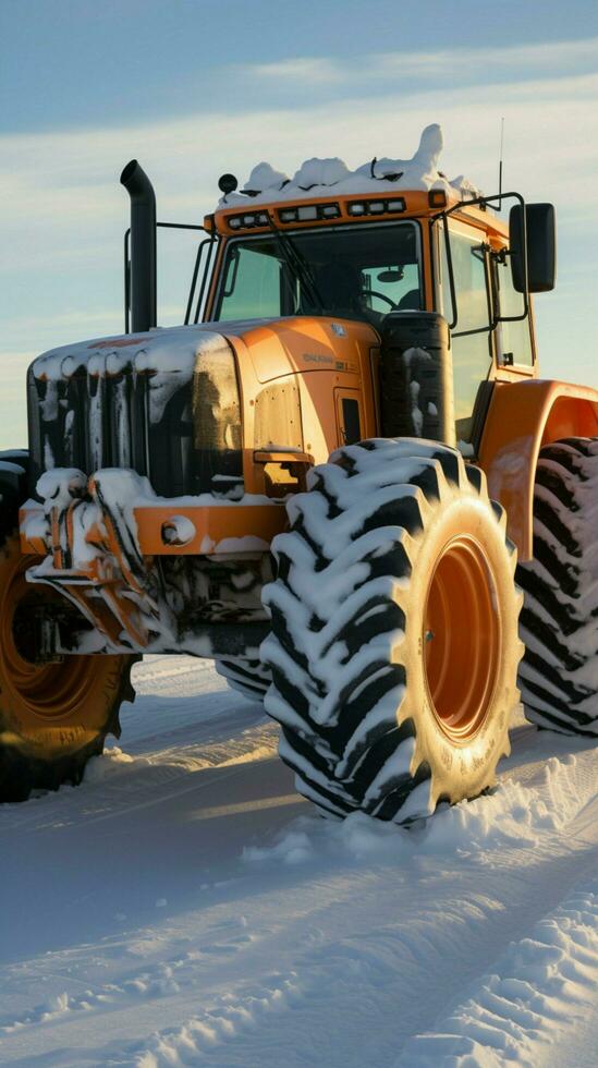 Kamchatka's snow removal tire machines battle winter's grip with unwavering determination. Vertical Mobile Wallpaper AI Generated photo
