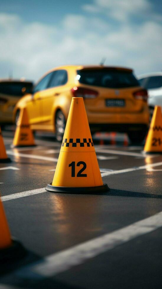 License test involves car maneuvering through traffic cones, testing driving precision. Vertical Mobile Wallpaper AI Generated photo