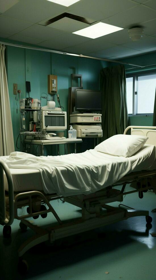 An unoccupied hospital room contains a lone bed, devoid of human presence. Vertical Mobile Wallpaper AI Generated photo