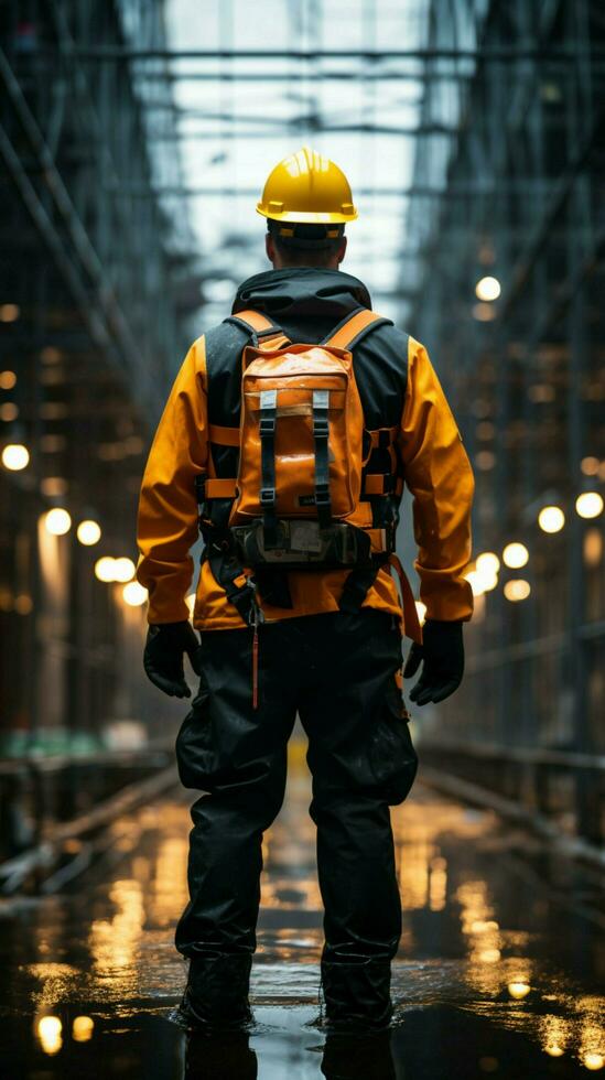 Man in safety gear stands confidently from a rear angle, showcasing preparedness. Vertical Mobile Wallpaper AI Generated photo