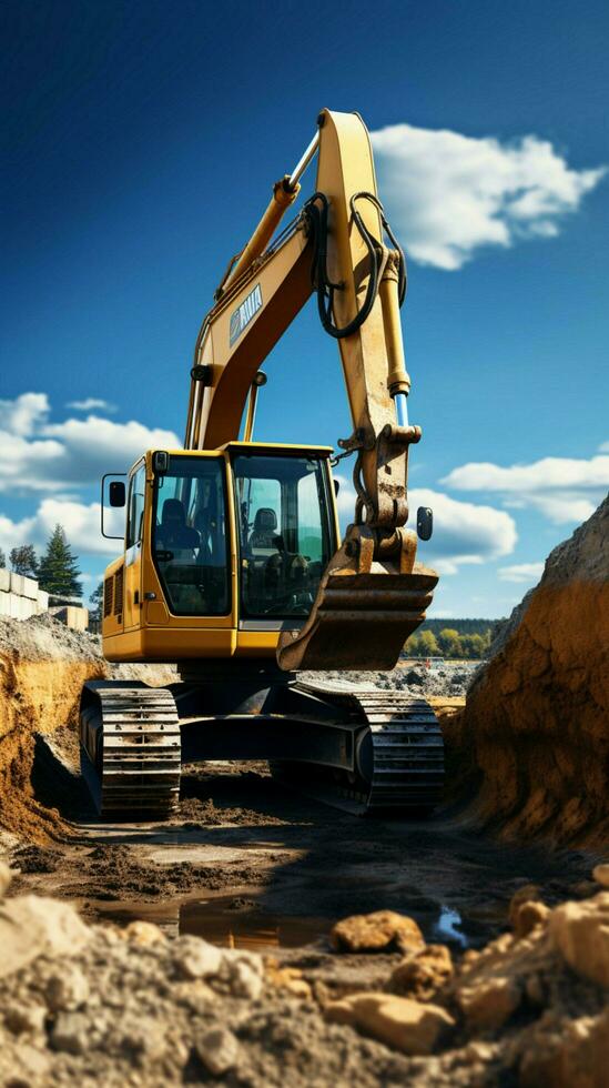 Mighty excavator against blue sky digs, aiding earthworks at construction site near concrete pipe. Vertical Mobile Wallpaper AI Generated photo