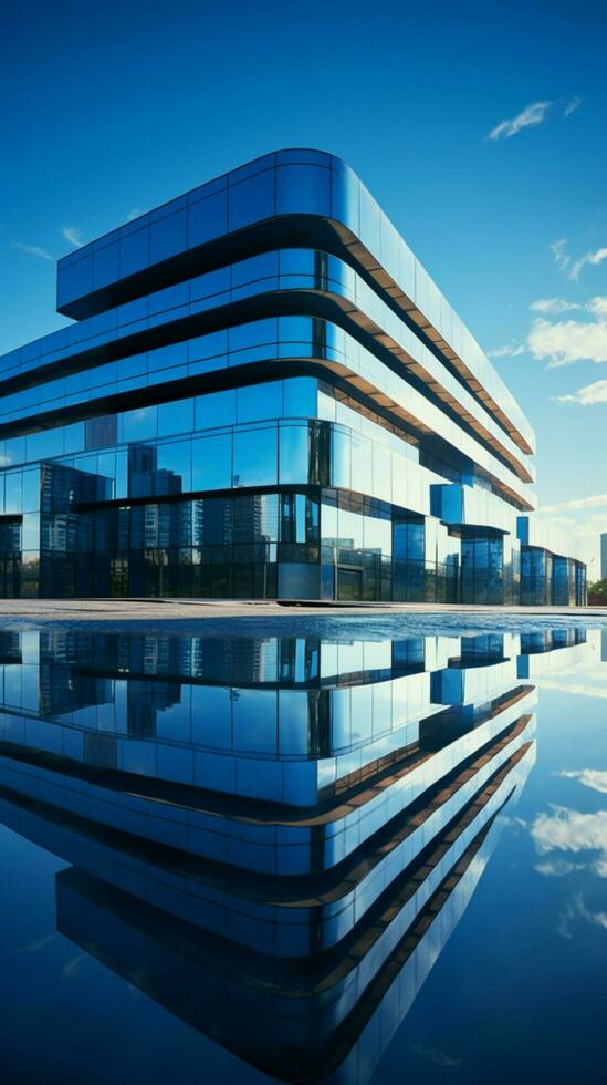 Modern business hub beneath clear blue sky, a reflection of corporate advancement. Vertical Mobile Wallpaper AI Generated photo