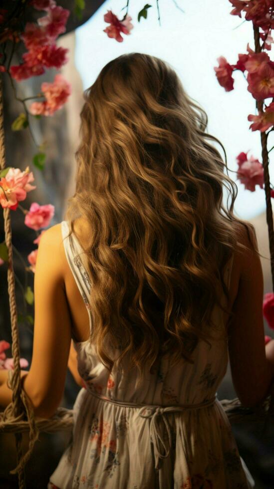 Outdoor serenity Woman on swing, hair graced by flowers, captured from behind Vertical Mobile Wallpaper AI Generated photo