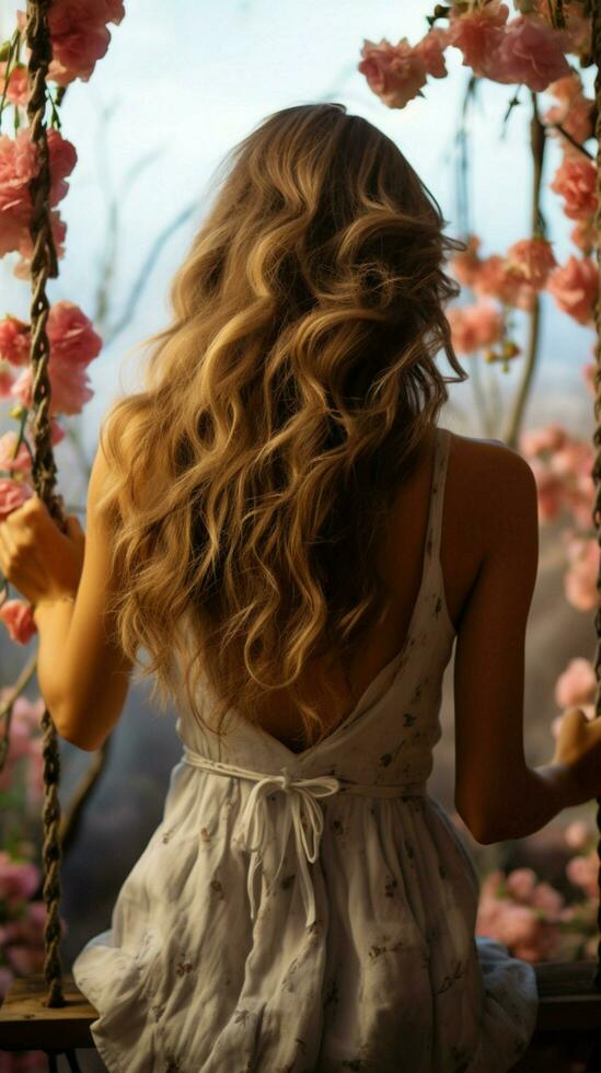 Outdoor serenity Woman on swing, hair graced by flowers, captured from behind Vertical Mobile Wallpaper AI Generated photo