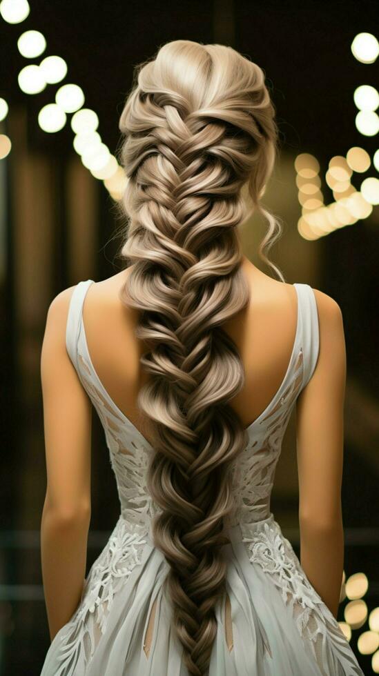 Art of braiding Hairdressers rear view as intricate braid transforms wedding hair styling Vertical Mobile Wallpaper AI Generated photo