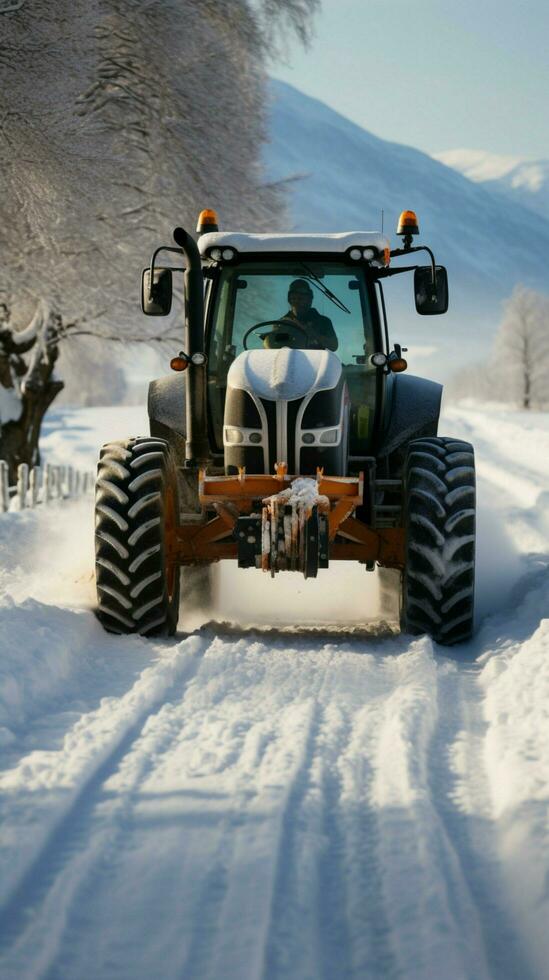después de la tormenta de nieve escena tractor borra camino, revelando sus camino desde el reciente nevada. vertical móvil fondo de pantalla ai generado foto
