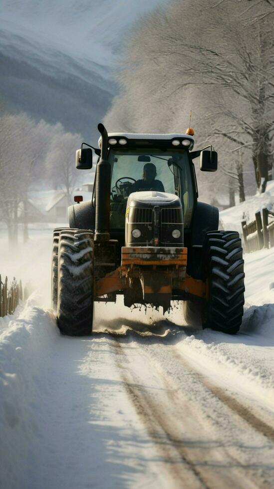 después de la tormenta de nieve escena tractor borra camino, revelando sus camino desde el reciente nevada. vertical móvil fondo de pantalla ai generado foto