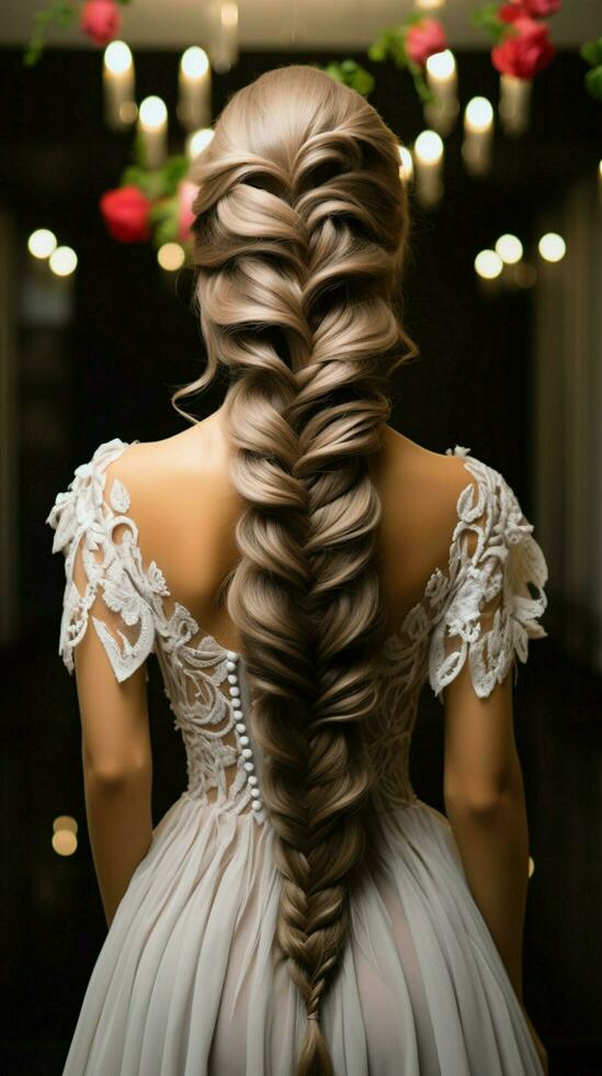 Art of braiding Hairdressers rear view as intricate braid transforms wedding hair styling Vertical Mobile Wallpaper AI Generated photo