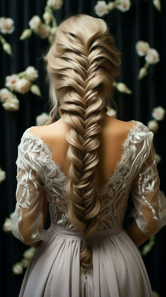 Art of braiding Hairdressers rear view as intricate braid transforms wedding hair styling Vertical Mobile Wallpaper AI Generated photo