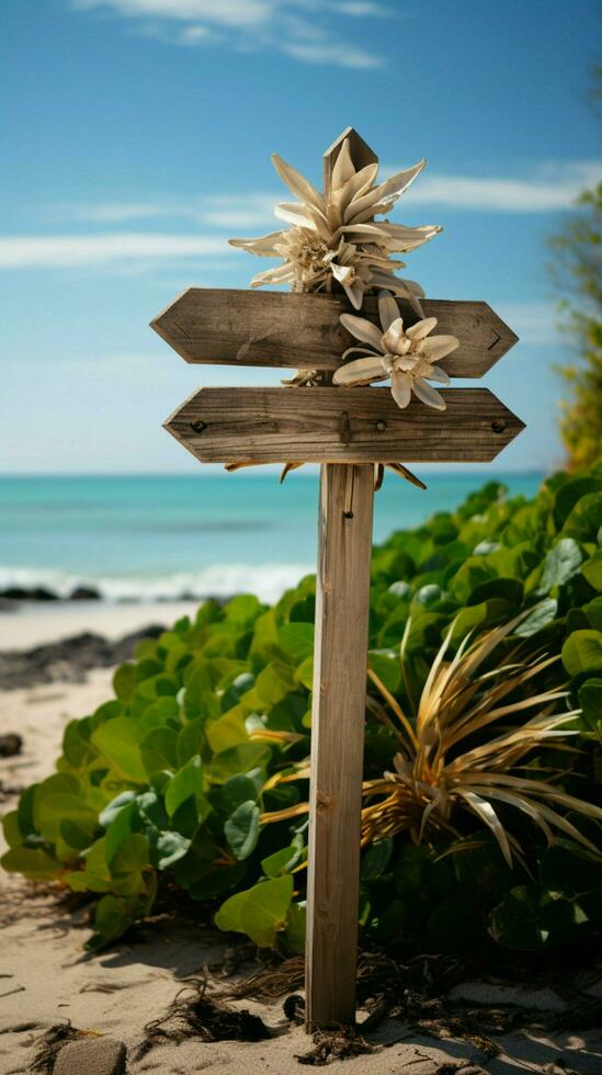 Seaside direction Arrows on wooden sign, beach backdrop, and flourishing plant Vertical Mobile Wallpaper AI Generated photo