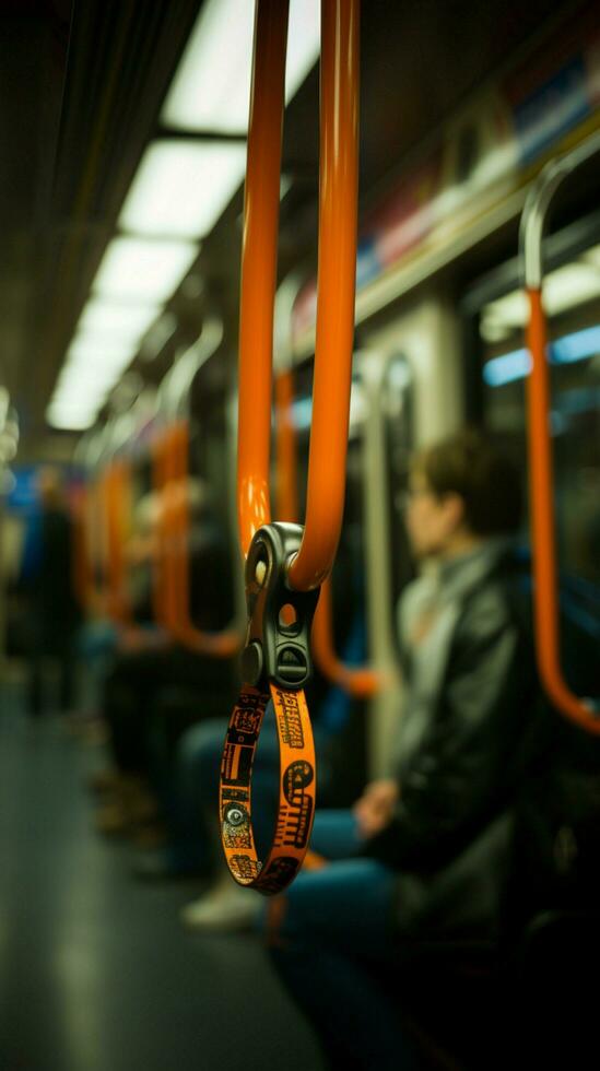 Secure grip on subway Blurred hand grips strap, highlighting safety in public transport. Vertical Mobile Wallpaper AI Generated photo