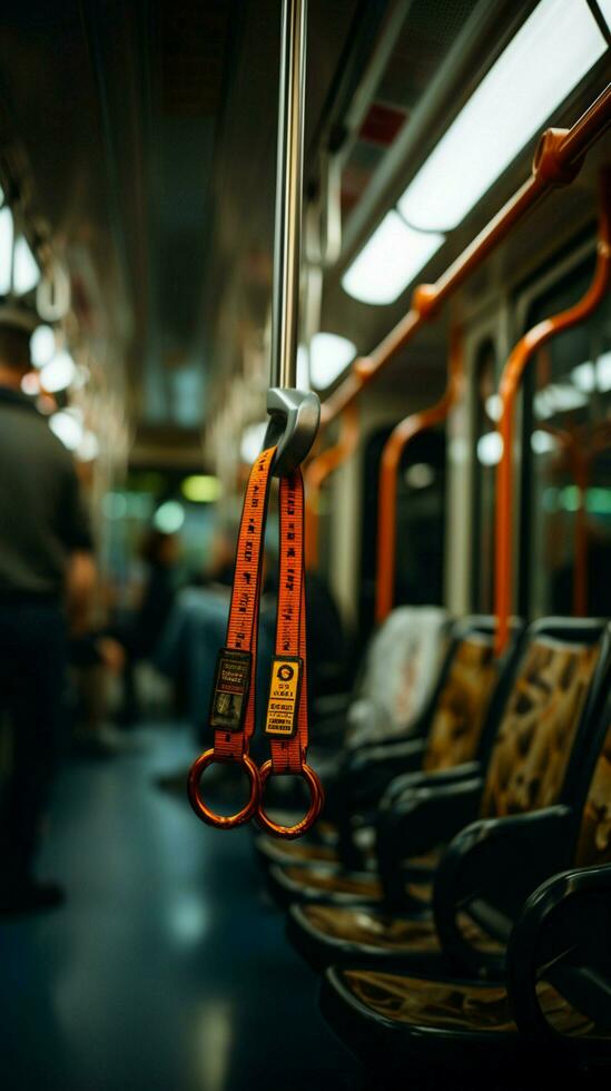 Secure grip on subway Blurred hand grips strap, highlighting safety in public transport. Vertical Mobile Wallpaper AI Generated photo