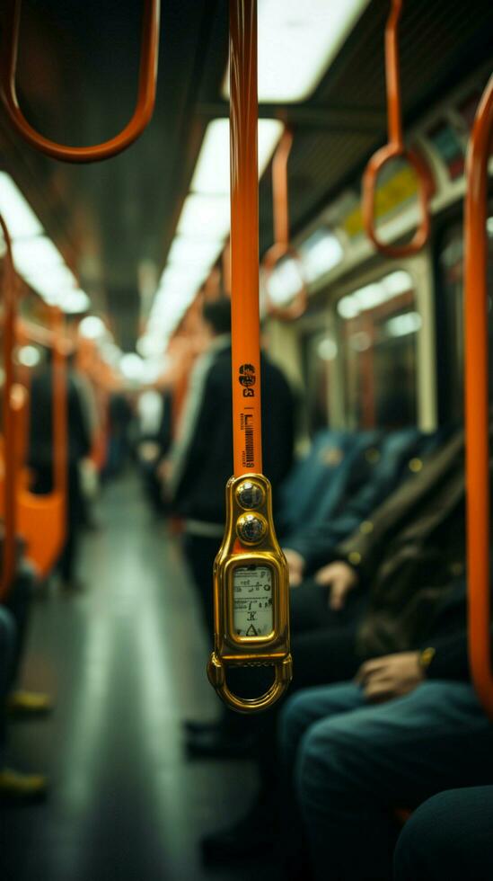Secure grip on subway Blurred hand grips strap, highlighting safety in public transport. Vertical Mobile Wallpaper AI Generated photo