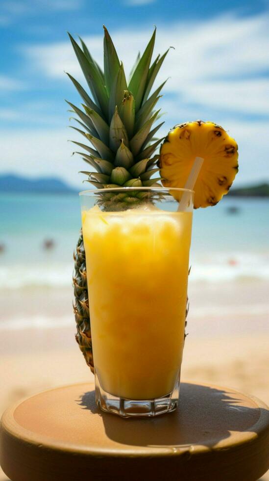 Sip of paradise Fresh pineapple drink in hand, overlooking a beautiful beach Vertical Mobile Wallpaper AI Generated photo