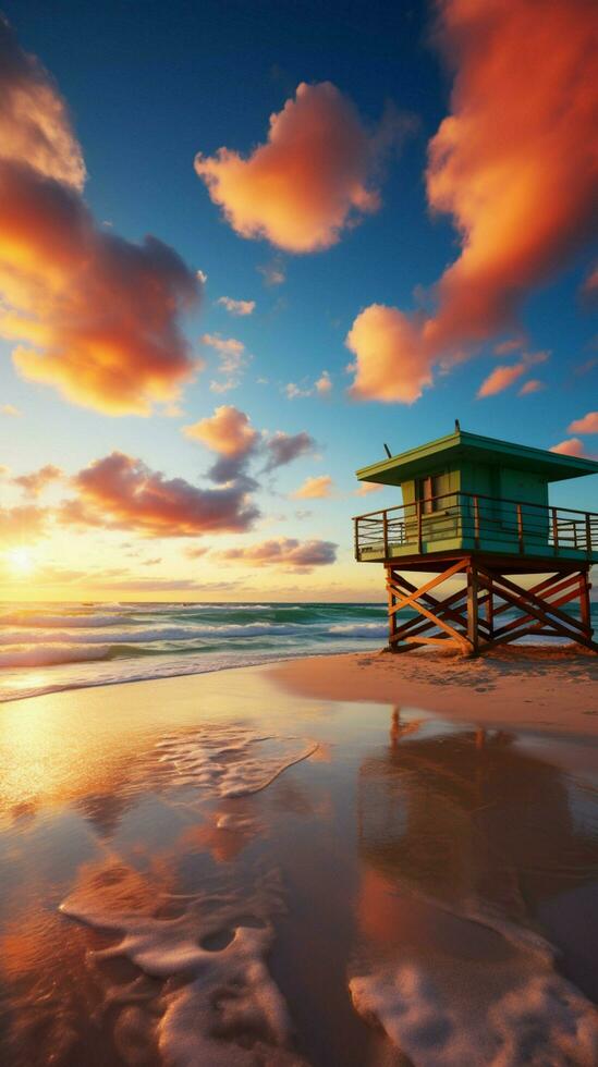 Sunrise embrace Miami's South Beach with lifeguard tower, vibrant clouds, and blue skies Vertical Mobile Wallpaper AI Generated photo