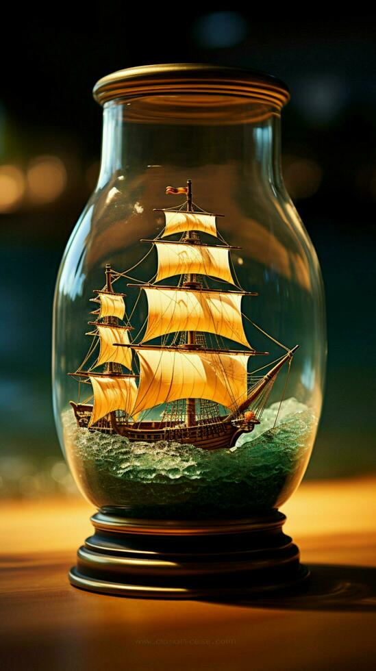 Tiny seafarer Ship bottle captures maritime wonder in a delicate glass bound vessel Vertical Mobile Wallpaper AI Generated photo