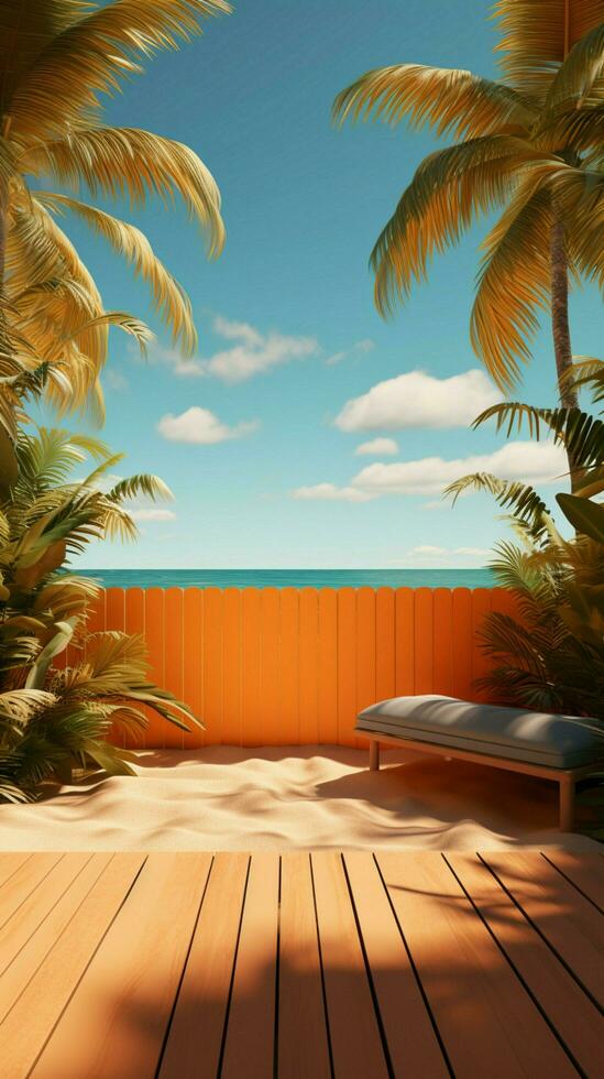 Tropical paradise 3D rendering features orange wooden wall, lush palms, and sandy shore Vertical Mobile Wallpaper AI Generated photo