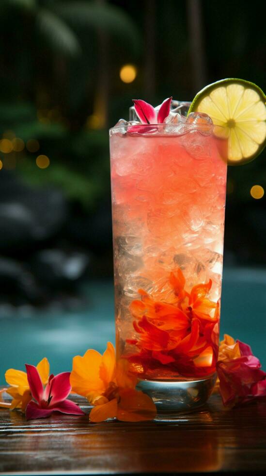 Tropical fusion 'Mai Tai Mai Thai' cocktail infuses worldwide flavors for relaxation Vertical Mobile Wallpaper AI Generated photo