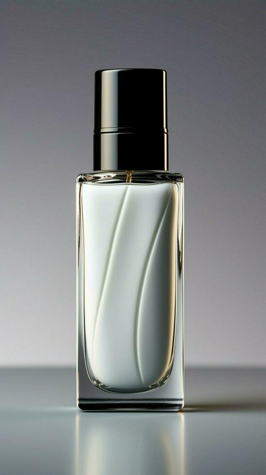 Understated beauty Cosmetic bottle showcased on a light grey background with allure Vertical Mobile Wallpaper AI Generated photo