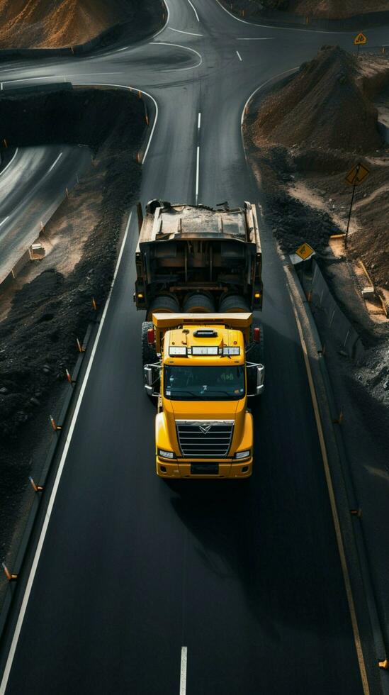 Wide asphalt road under construction, assisted by road transport equipment, captured from above. Vertical Mobile Wallpaper AI Generated photo