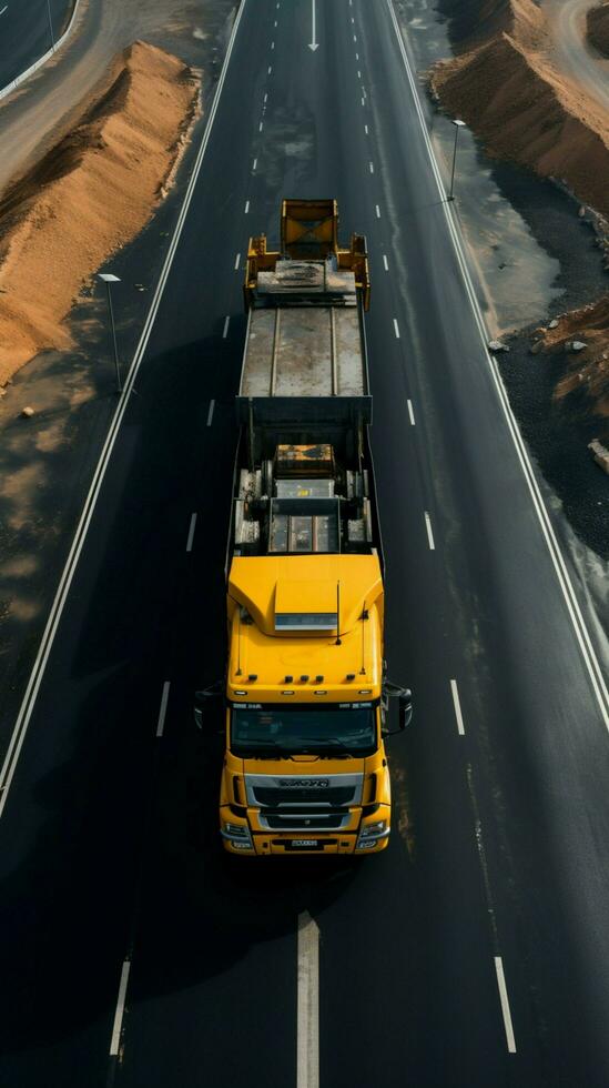 Wide asphalt road under construction, assisted by road transport equipment, captured from above. Vertical Mobile Wallpaper AI Generated photo