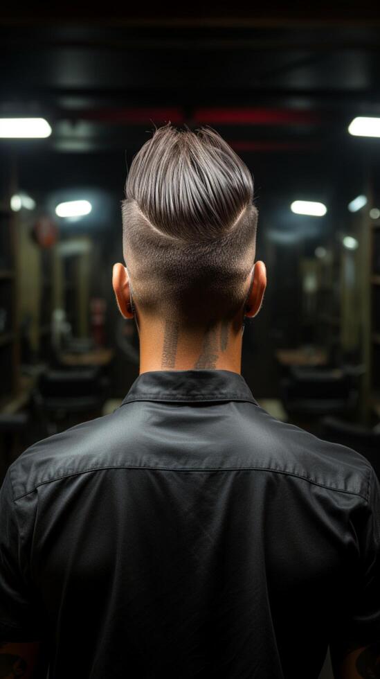 Barbers skill Rear view of males haircut, background artistically faded Vertical Mobile Wallpaper AI Generated photo