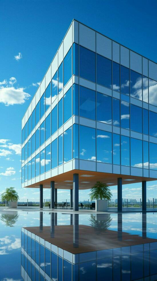 Blue-sky backdrop complements a sleek modern office building, representing corporate sophistication. Vertical Mobile Wallpaper AI Generated photo
