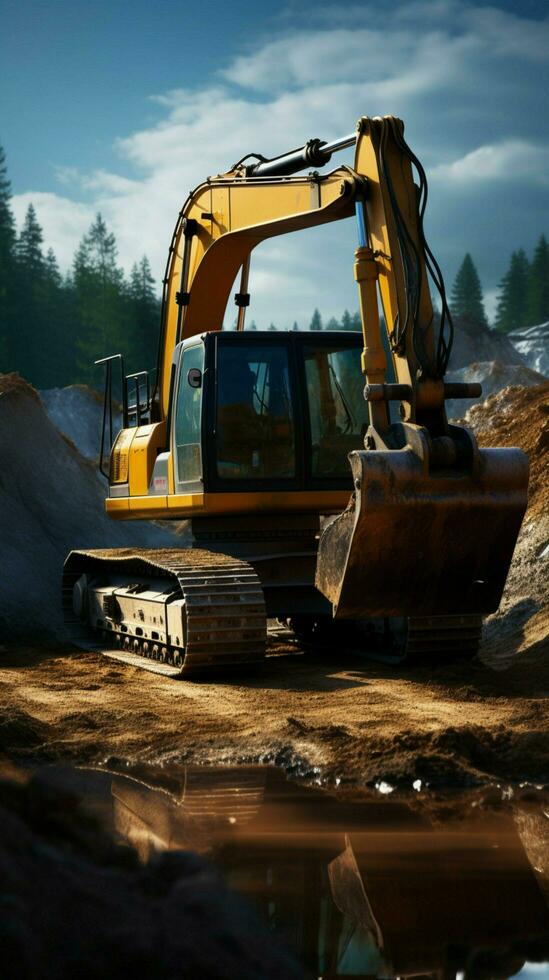 Bright daylight illuminates the scene as a heavy excavator digs outdoors energetically. Vertical Mobile Wallpaper AI Generated photo