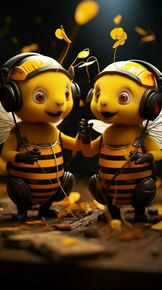 Charming bees with headphones exchange greetings, holding pencil musical creativity comes alive Vertical Mobile Wallpaper AI Generated photo