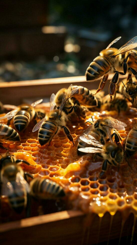 de cerca apicultor con panal marco, abejas elaboración líquido oro, un simbiótico danza vertical móvil fondo de pantalla ai generado foto