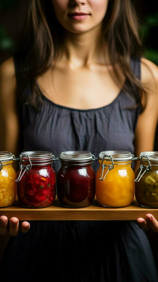 de cerca ver mujer sostiene de madera lámina, exhibiendo diverso Fruta Enjambres en vaso frascos vertical móvil fondo de pantalla ai generado foto