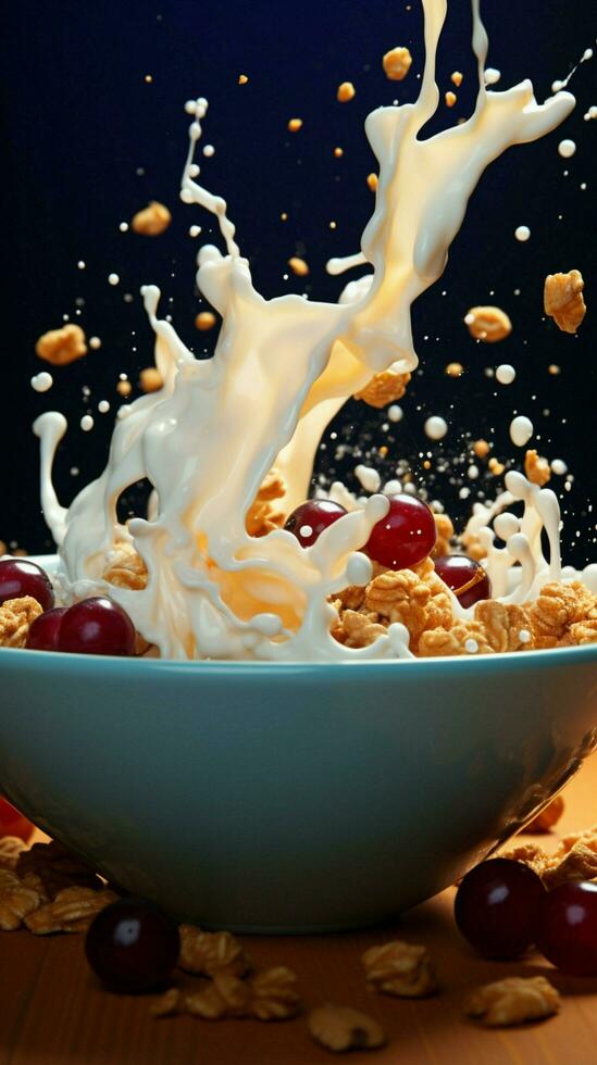 Dynamic breakfast Granola falls, milk splashes bowl captures healthy ingredients in flight Vertical Mobile Wallpaper AI Generated photo