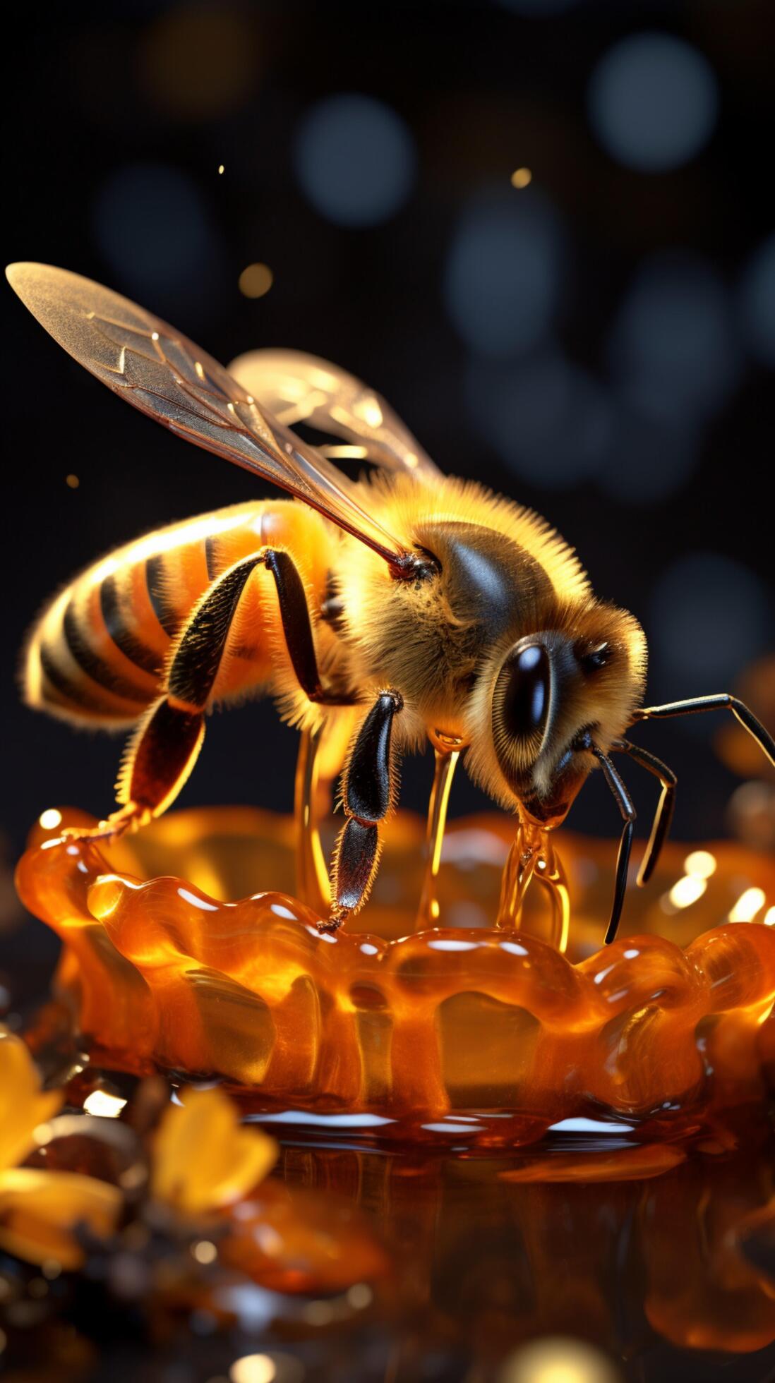 Energetic bee hovers over glass jar oozing golden honey nectar Vertical