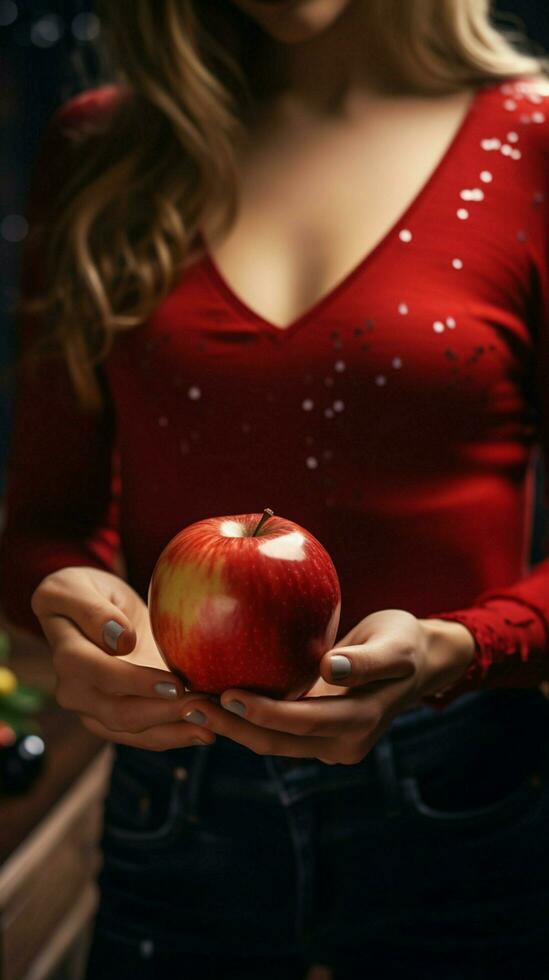Anonymous woman measures weight, apple in her grasp, prioritizing health and fitness Vertical Mobile Wallpaper AI Generated photo