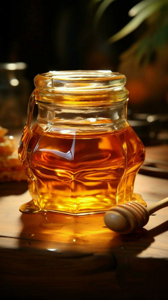 Golden honey fills glass jar, resting on a rustic wooden table Vertical Mobile Wallpaper AI Generated photo