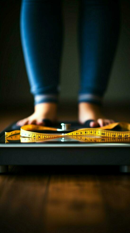 Health focused scene Womans feet on scales, tape measure foreground weight loss concept Vertical Mobile Wallpaper AI Generated photo