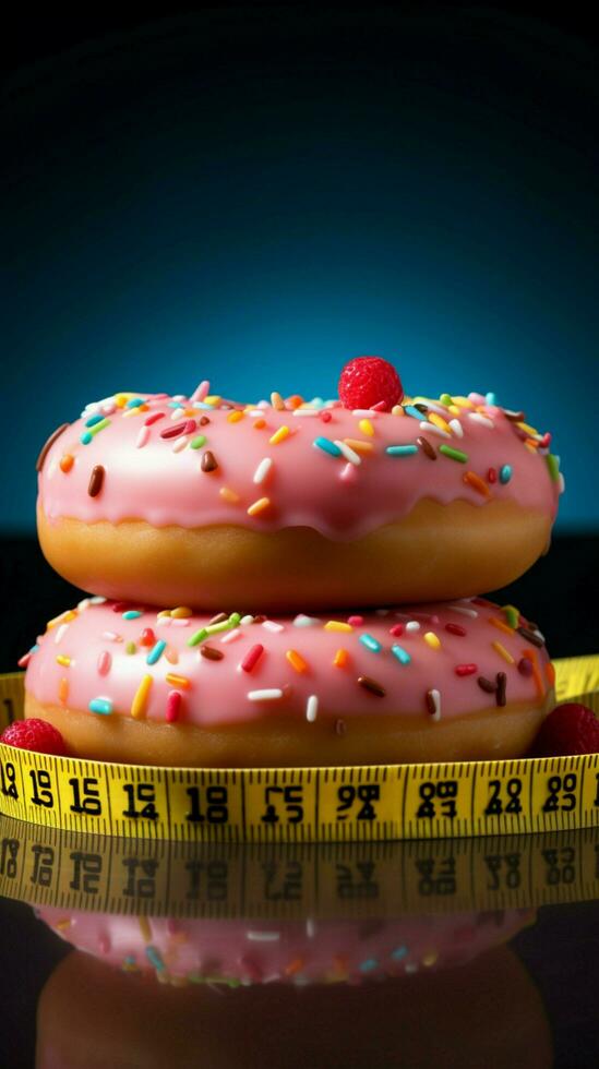 Healthy resolve Measuring tape binds donut, representing commitment to weight loss Vertical Mobile Wallpaper AI Generated photo