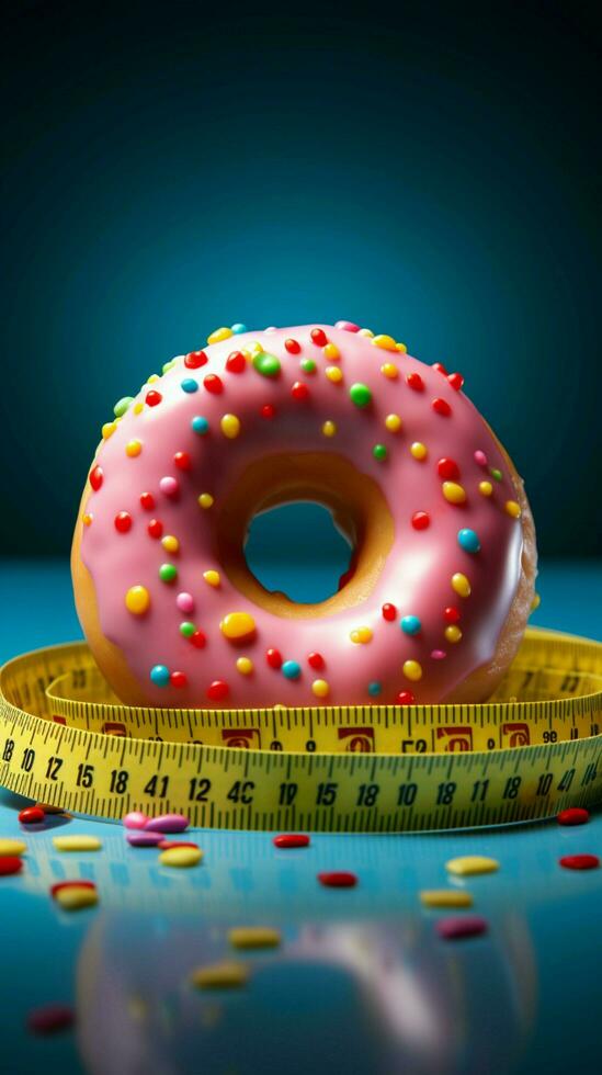 Healthy resolve Measuring tape binds donut, representing commitment to weight loss Vertical Mobile Wallpaper AI Generated photo