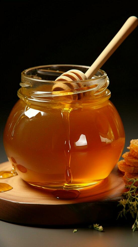 Honey jar, companioned by wooden dipper a pairing for indulgence in sweetness Vertical Mobile Wallpaper AI Generated photo