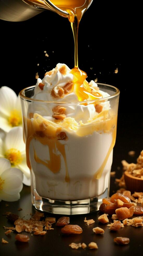 Muesli in glass with milk, drizzled with golden honey a nourishing treat Vertical Mobile Wallpaper AI Generated photo