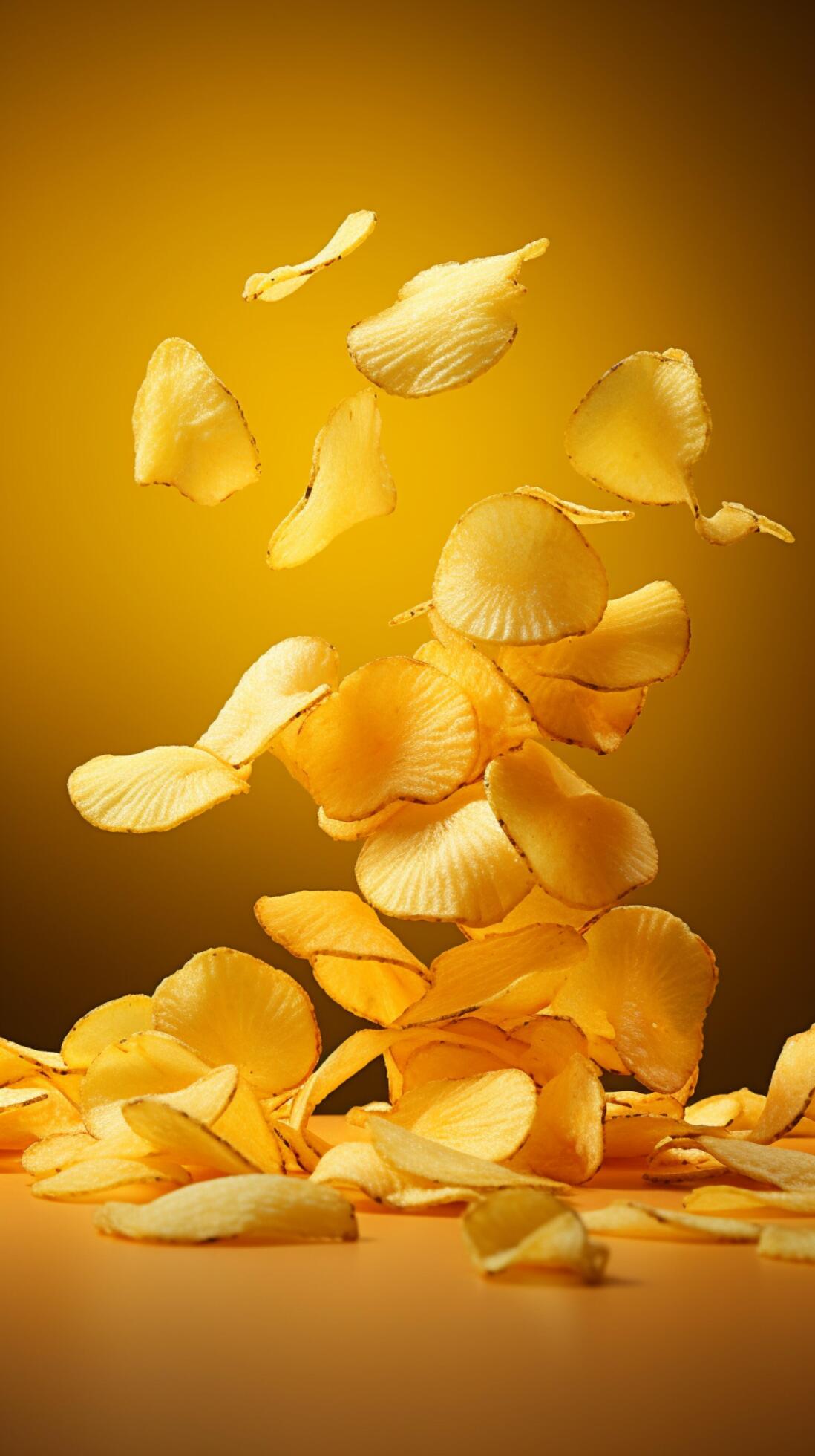 Potato chips suspended in midair, yellow background, depicting the
