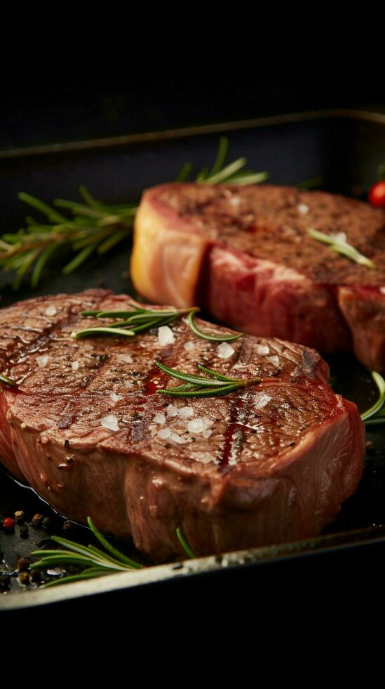 preparado angus pierna filete con Romero en acero cacerola, de cerca para culinario deleite vertical móvil fondo de pantalla ai generado foto