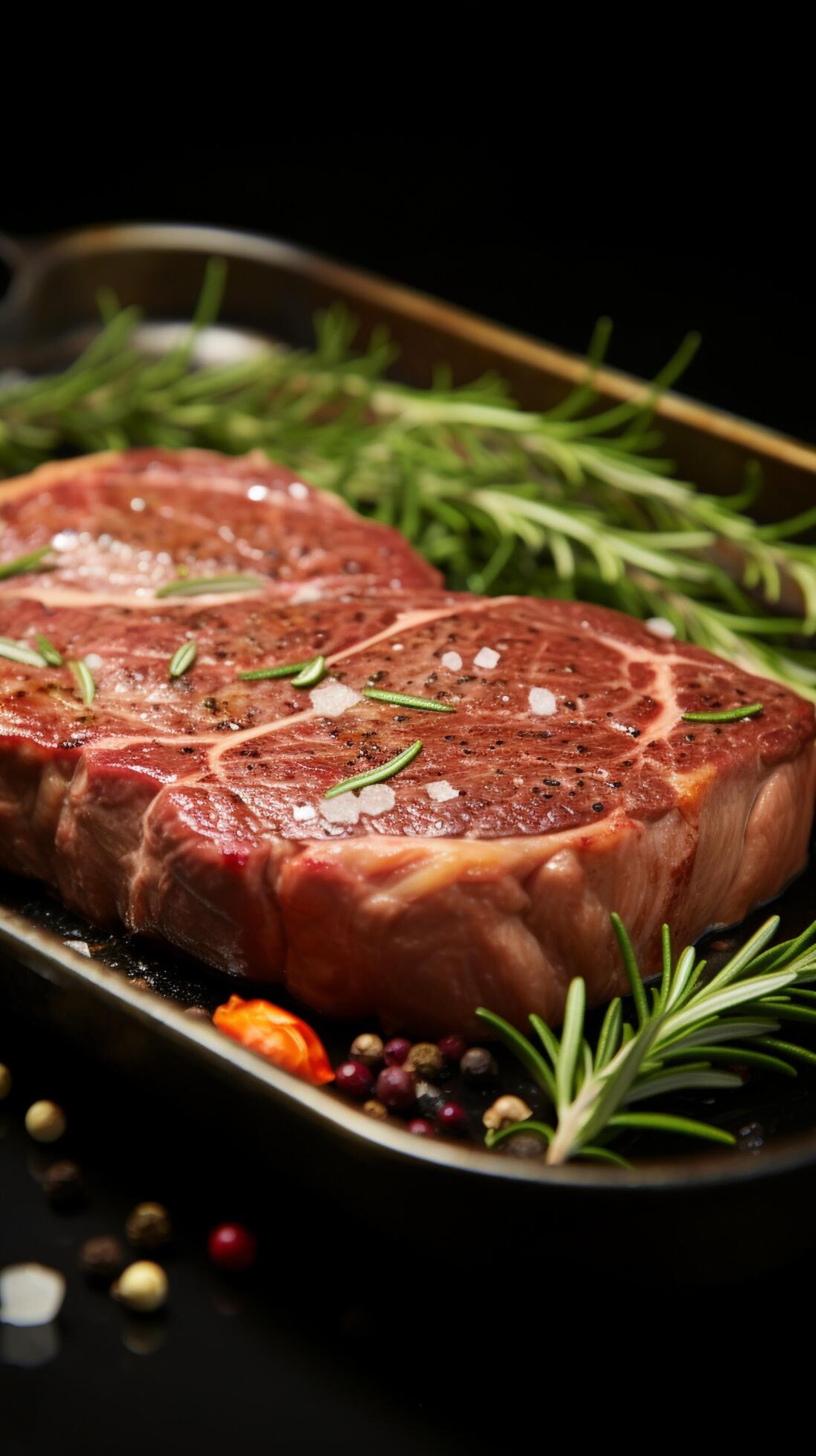 Prepared Angus leg steak with rosemary on steel pan, closeup for Prepared Angus leg steak with rosemary on steel pan, closeup for